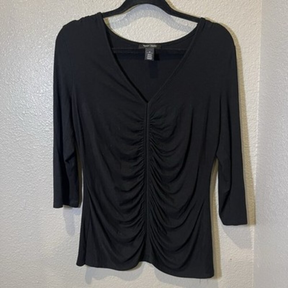 White House Black Market Black Ruched V-Neck Top Women’s Medium 3/4 Sleeve